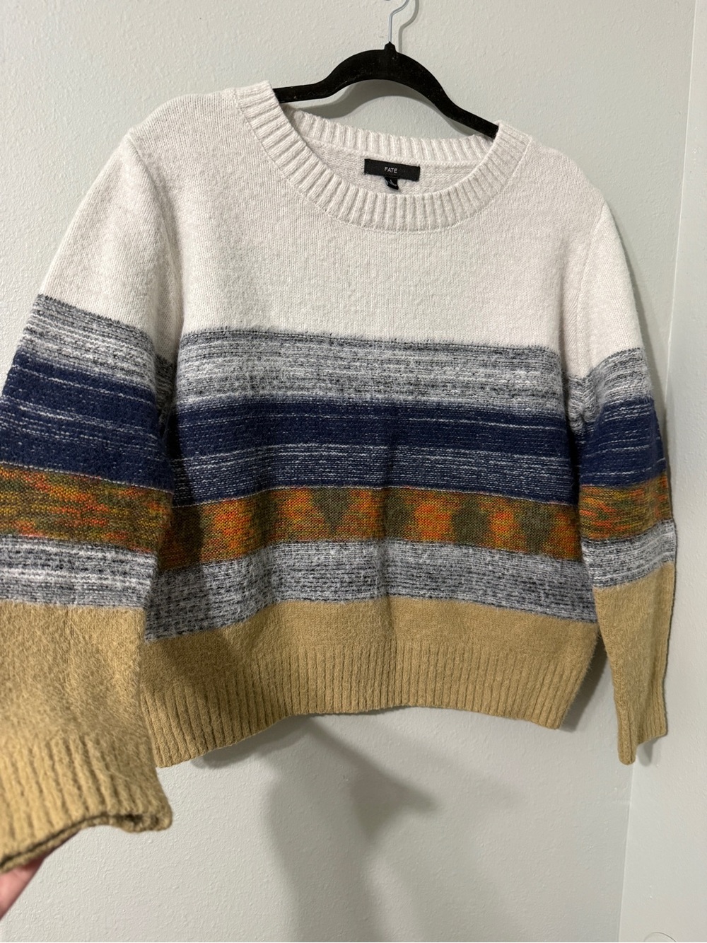 Fate Thick Warm Neutral Mix Colors Striped Crewneck Cozy Comfy Soft Sweater L
